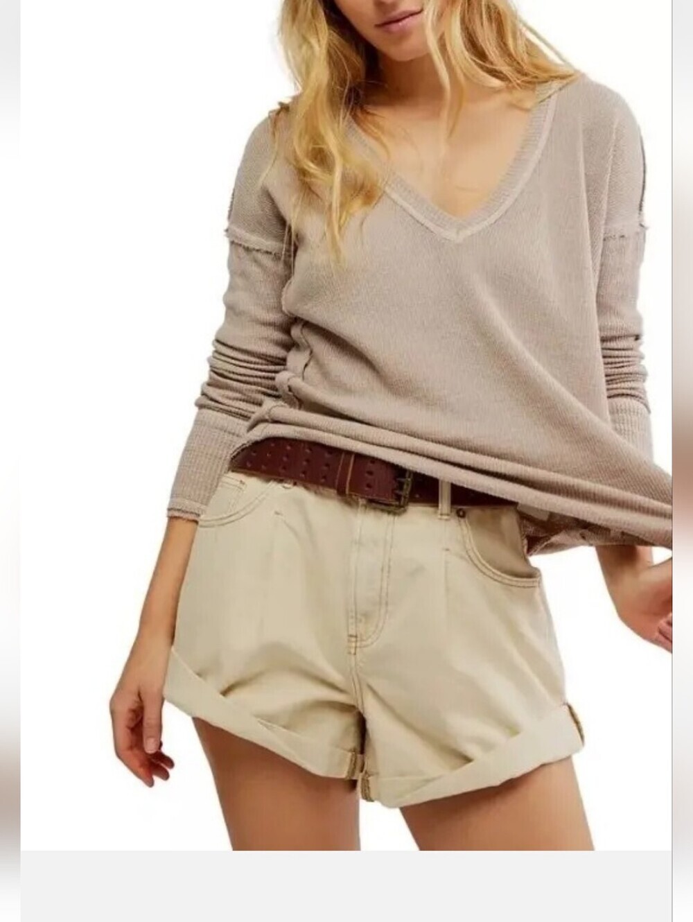 Free People Sail Away Waffle Knit Tee Medium Cream/Tan Beach Coastal Raw Relax